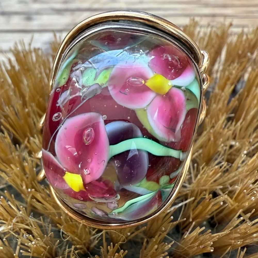 🌈HOST PICK🌈NWOT Artisan Lampwork Floral Silver Gold Ring Floral Glass Ring - Picture 15 of 16